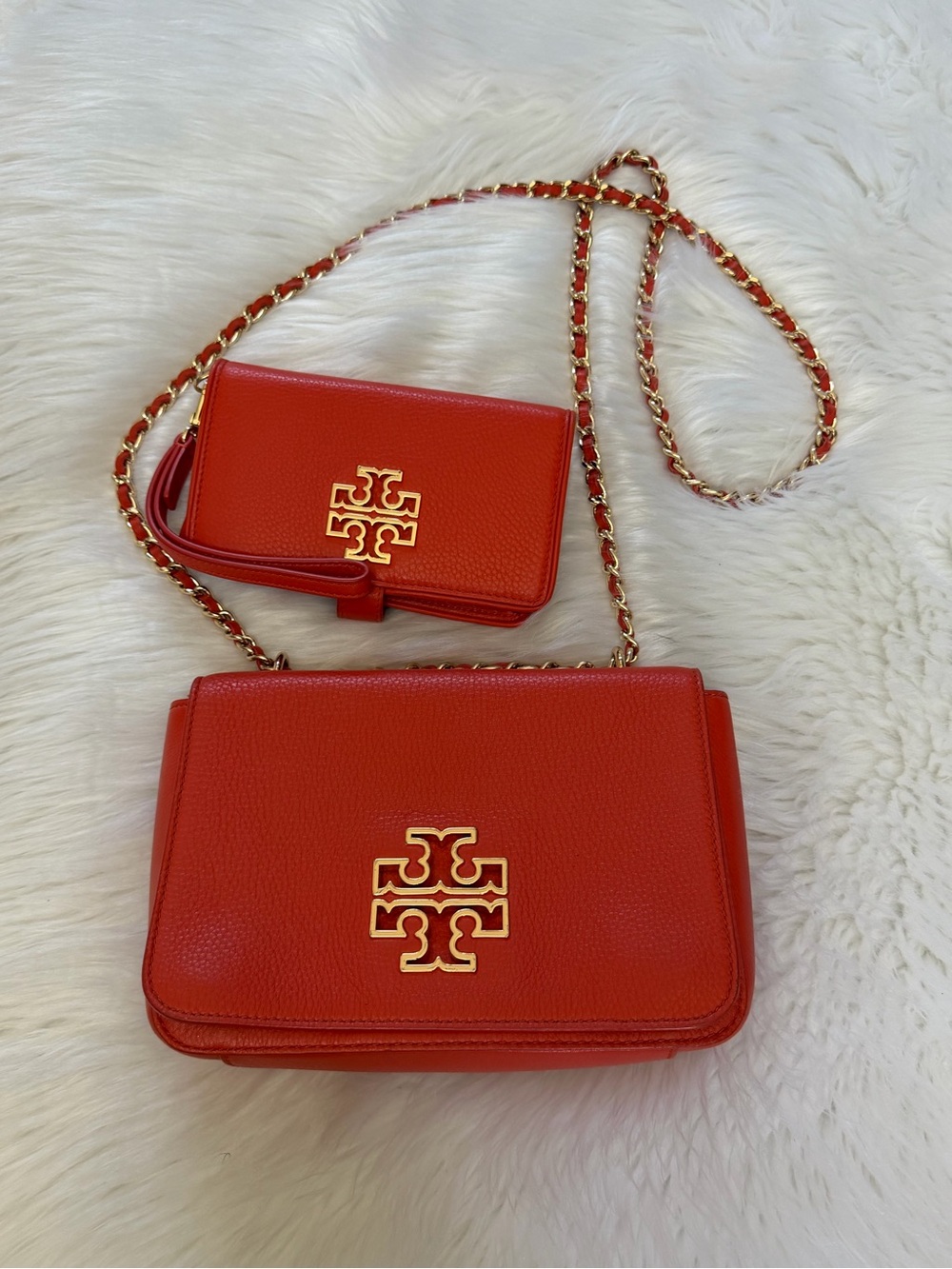 Tory Burch Orange Leather Chain Crossbody with Matching Wallet